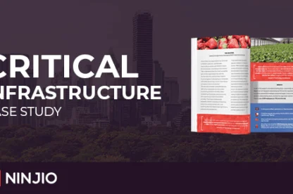 Banner featuring the text "Critical Infrastructure Case Study" with an open booklet and a city skyline in the background. NINJIO logo is at the bottom left.