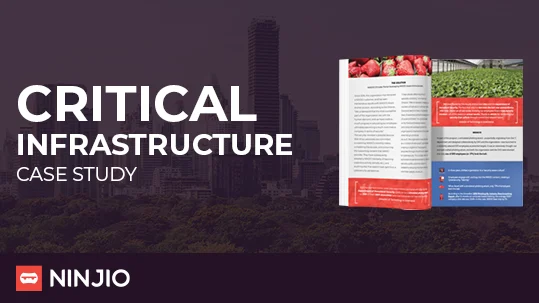 Banner featuring the text "Critical Infrastructure Case Study" with an open booklet and a city skyline in the background. NINJIO logo is at the bottom left.