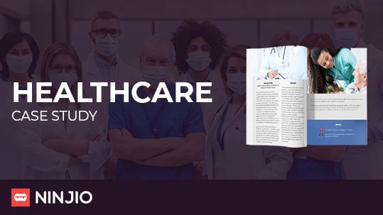 A group of healthcare professionals in masks stands behind text reading "Healthcare Case Study" with an open booklet shown on the right. NINJIO logo appears at the bottom.