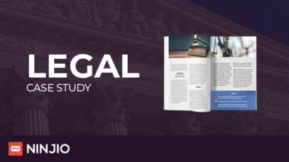 An open magazine displaying legal-themed content is shown against a background of courthouse columns with the text "Legal Case Study" and the NINJIO logo.