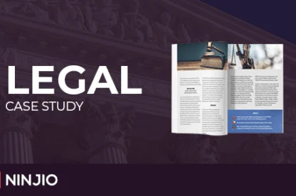 An open magazine displaying legal-themed content is shown against a background of courthouse columns with the text "Legal Case Study" and the NINJIO logo.