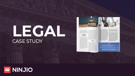 An open magazine displaying legal-themed content is shown against a background of courthouse columns with the text "Legal Case Study" and the NINJIO logo.