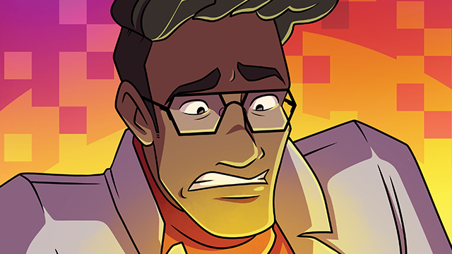 Animated character with glasses and a lab coat looks worried or anxious against a bright, pixelated orange and pink background.