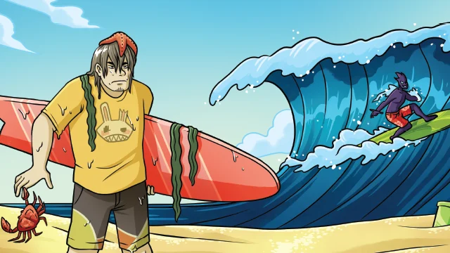 A man with seaweed and a fish on his head stands by a surfboard on the beach while another person surfs a large wave in the background. A crab is near his foot.
