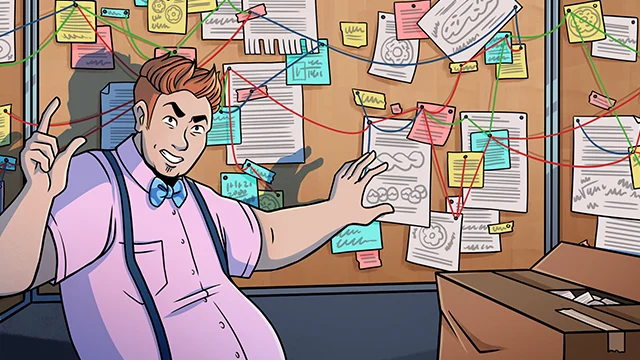 A man stands in front of a corkboard covered with papers, notes, and red string connecting various points; a cardboard box sits in the foreground.