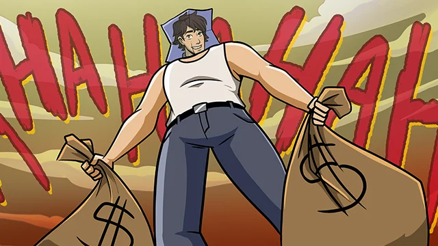 A person in a sleeveless shirt and jeans holds two money bags, with the word "HAHA" in large red letters behind them against a dramatic sky.