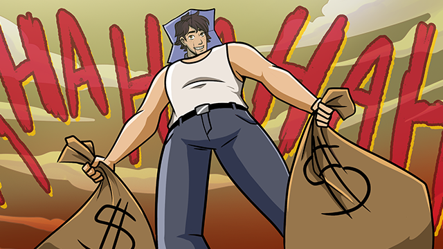 A person in a sleeveless shirt and jeans holds two money bags, with the word "HAHA" in large red letters behind them against a dramatic sky.