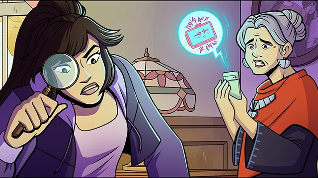 A cartoon of a woman looking at a phone.