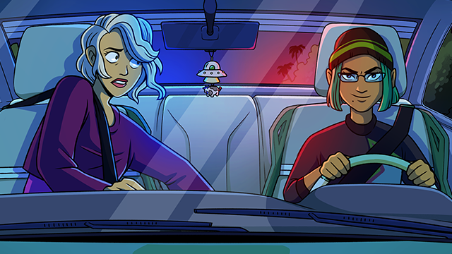 Two people sit in a car at night; the driver smiles confidently while the passenger looks worried. Police lights flash behind them, visible through the back window.