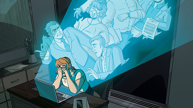 A woman sits at a desk with her head in her hands as ghostly figures of colleagues or bosses appear to yell or criticize her from her computer screen.