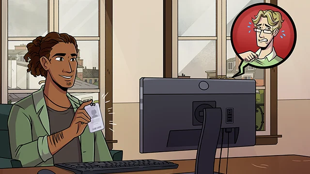 A person smiling at a computer holds an ID badge, while a thought bubble shows another person pointing and appearing alarmed.