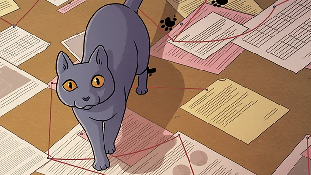 A gray cat with orange eyes walks across scattered documents connected by red string, leaving paw prints on the papers.