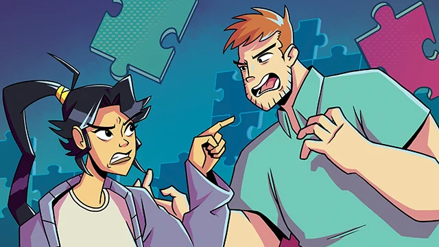 Two animated characters are arguing intensely, with one pointing a finger at the other. Puzzle pieces are visible in the background.