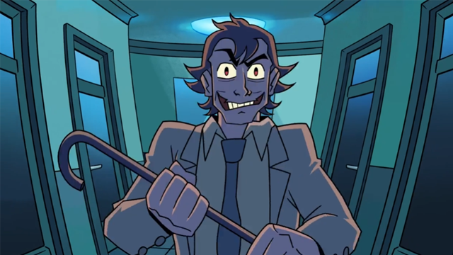 An animated character with yellow eyes, messy hair, and a suit holds a crowbar in a hallway with blue walls and closed doors.