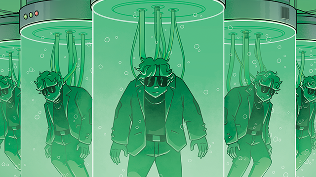 A person wearing sunglasses and a suit is suspended in green liquid inside a large cylindrical tank with tubes connected to their back.