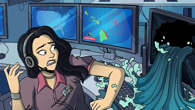 A cartoon of a woman in front of a computer screen.