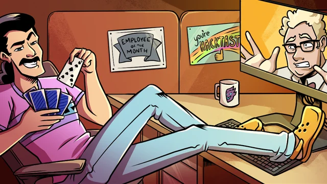 A person relaxes at their desk with feet up, holding playing cards, while another person reacts on a computer screen. Office signs and a mug are visible.