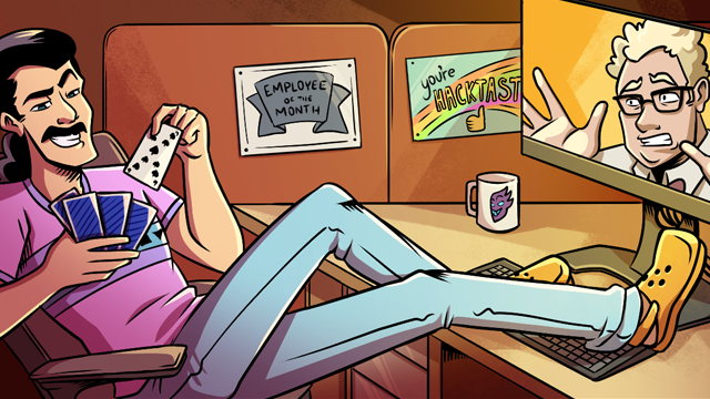 A person relaxes at their desk with feet up, holding playing cards, while another person reacts on a computer screen. Office signs and a mug are visible.