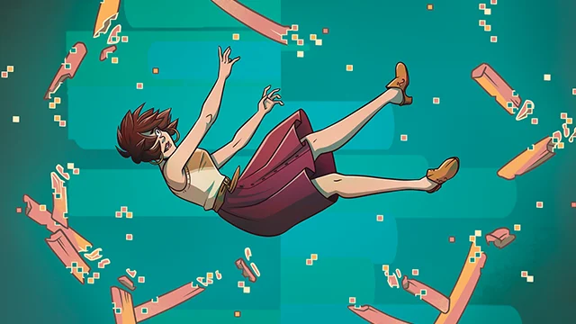 A woman with short brown hair falls amidst floating, broken orange and pink pieces against a teal digital background.