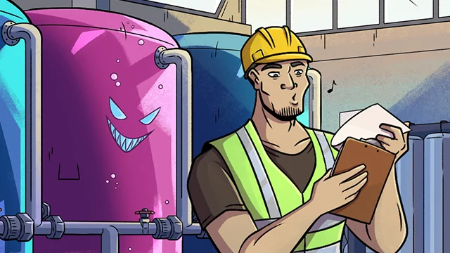 A construction worker in a safety vest and helmet checks a clipboard while a large pink tank with a menacing face looms behind him in a factory setting.