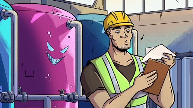 A construction worker in a safety vest and helmet checks a clipboard while a large pink tank with a menacing face looms behind him in a factory setting.