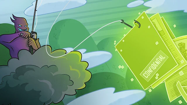 A masked figure in a dark cloak fishes confidential documents labeled "CONFIDENTIAL" from the air using a fishing rod, symbolizing data theft or phishing.