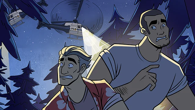 Two worried men stand in a forest at night as police helicopters shine spotlights down through the trees.