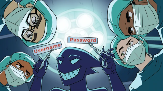 Four surgeons and a shadowy figure in an operating room hold surgical tools, with "Username" and "Password" labels on scalpels.