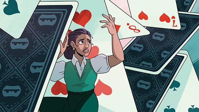 A worried woman stands among oversized falling playing cards, appearing trapped as the cards collapse around her.