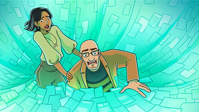 A woman and a man look alarmed as they appear to be falling into a swirling vortex of paperwork and documents.