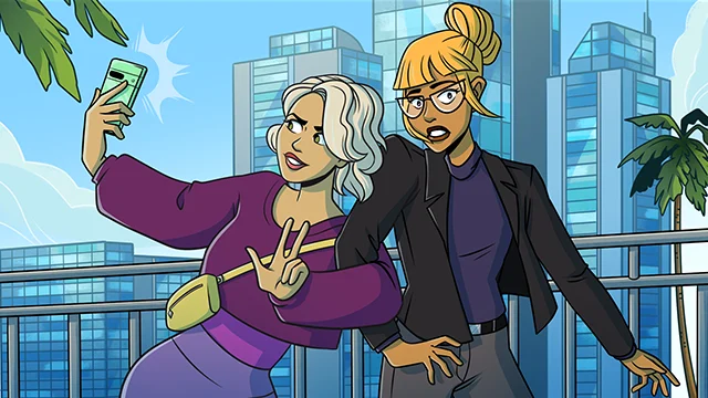 Two women pose for a selfie on a city balcony; one holds a phone and makes a peace sign, while the other stands beside her, both against a backdrop of modern buildings and palm trees.