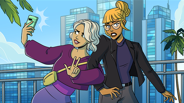 Two women pose for a selfie on a city balcony; one holds a phone and makes a peace sign, while the other stands beside her, both against a backdrop of modern buildings and palm trees.