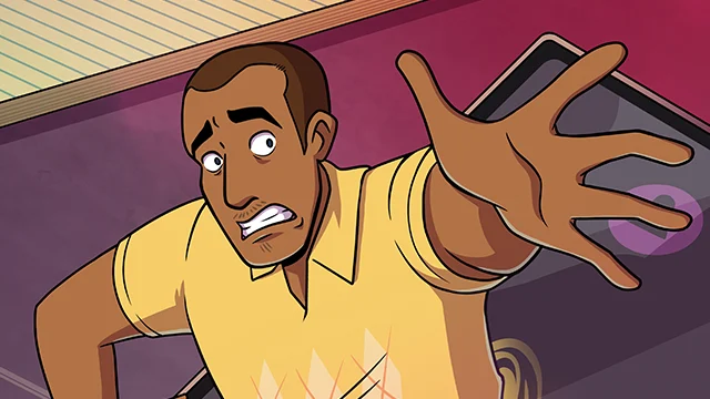 Illustration of a man in a yellow shirt with a worried expression, reaching out with one hand toward the viewer.