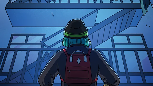 A person with teal hair, wearing a beanie and a backpack, stands facing a building with metal stairs and windows in the evening.