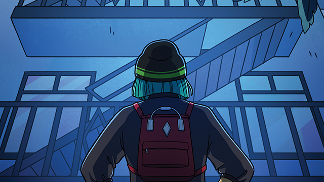 A person with teal hair, wearing a beanie and a backpack, stands facing a building with metal stairs and windows in the evening.