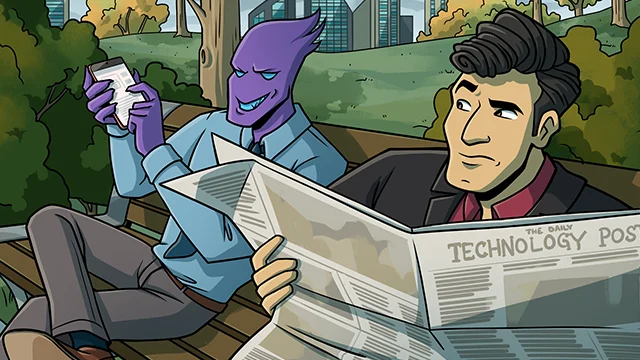 Two men sit on a park bench; one reads a newspaper titled "The Daily Technology Post," while the other, purple-skinned, looks at a smartphone and smiles.