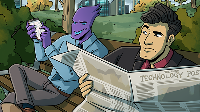 Two men sit on a park bench; one reads a newspaper titled "The Daily Technology Post," while the other, purple-skinned, looks at a smartphone and smiles.