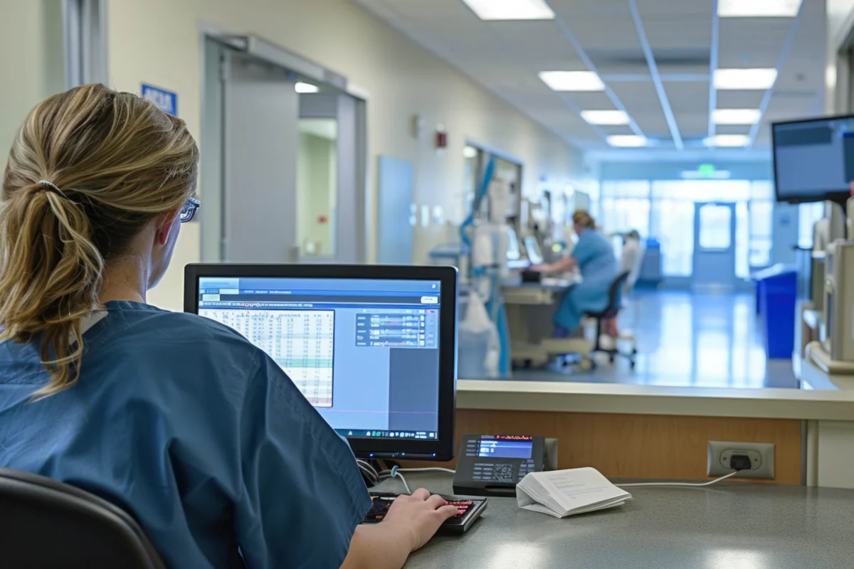 A healthcare worker in scrubs sits at a workstation monitoring data on a computer in a hospital hallway, with more staff visible in the background.