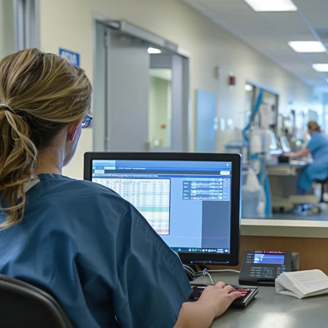 A healthcare worker in scrubs sits at a workstation monitoring data on a computer in a hospital hallway, with more staff visible in the background.