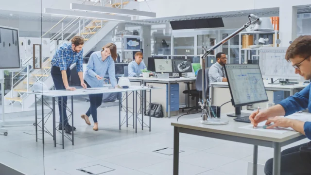 Office with several people working at desks and tables, reviewing blueprints, using computers, and collaborating in a modern, open workspace.
