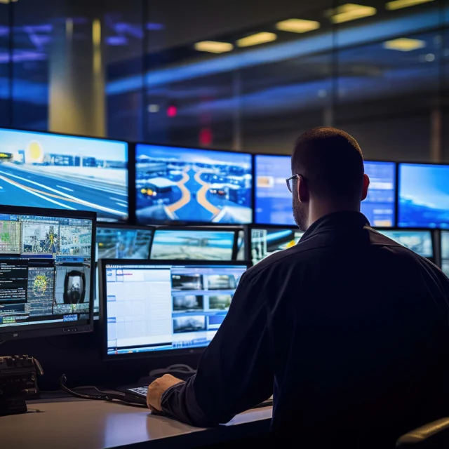 A person monitors multiple screens displaying maps, surveillance footage, and data in a control room with large windows and modern lighting.