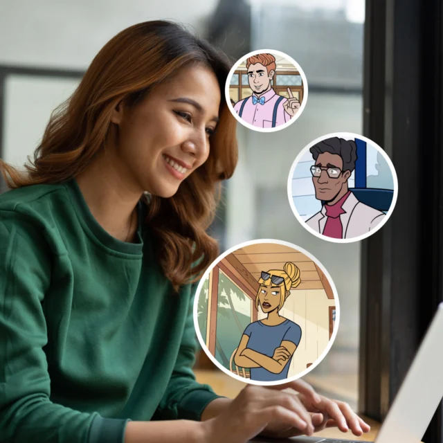 A woman types on a laptop near a window, with three cartoon avatars of people shown in circular overlays around her.
