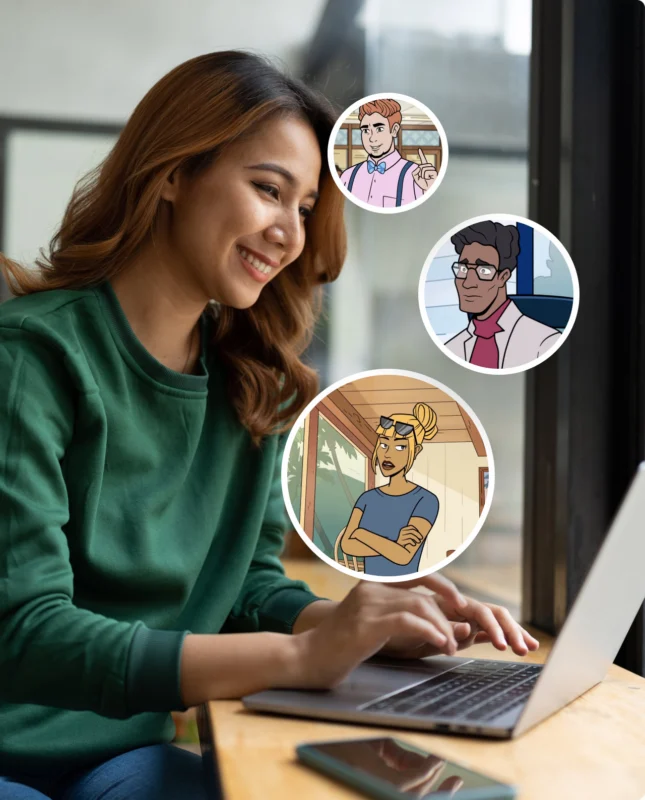 A woman types on a laptop near a window, with three cartoon avatars of people shown in circular overlays around her.
