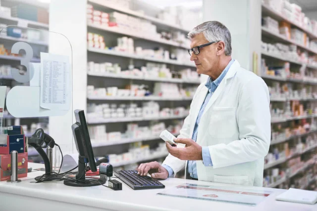 A pharmacist in a white coat stands at a counter, holding a medication box and working on a computer in a pharmacy stocked with shelves of medicine.