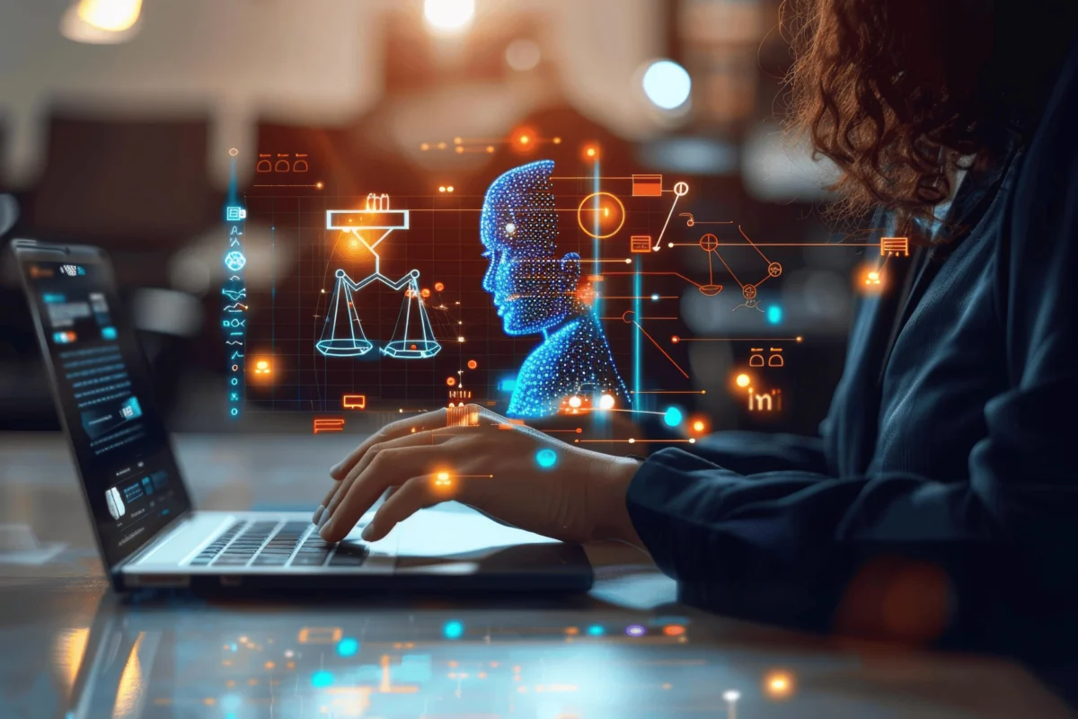 Person typing on a laptop with digital graphics of a human head, scales of justice, and technology icons representing artificial intelligence and law.