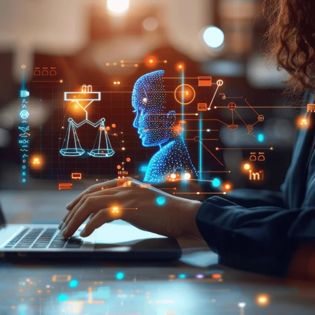Person typing on a laptop with digital graphics of a human head, scales of justice, and technology icons representing artificial intelligence and law.