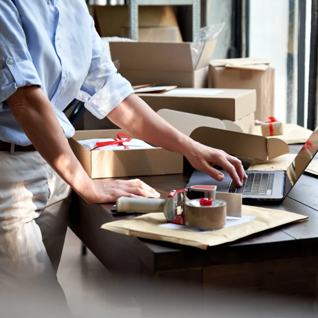 Person standing at a desk with shipping supplies, typing on a laptop, surrounded by packages and envelopes in a well-lit room.