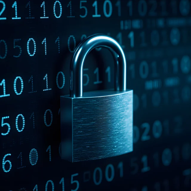 A silver padlock is placed in front of a digital screen displaying binary code, symbolizing cybersecurity and data protection.