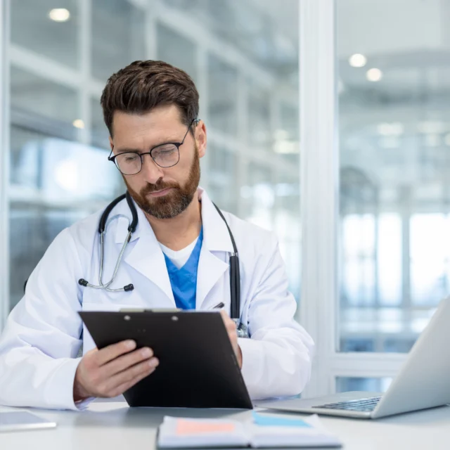 A doctor wearing a white coat and stethoscope reviews a clipboard at a desk with a laptop and documents in a modern office.
