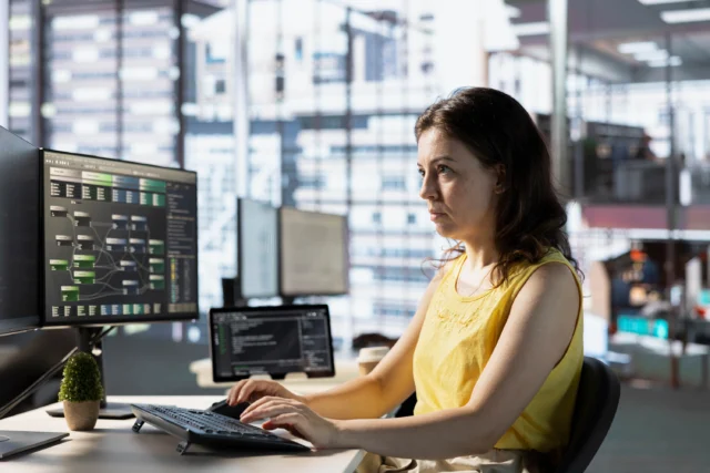 A woman in a yellow top works at a computer with data and charts on the screen in a modern office setting.